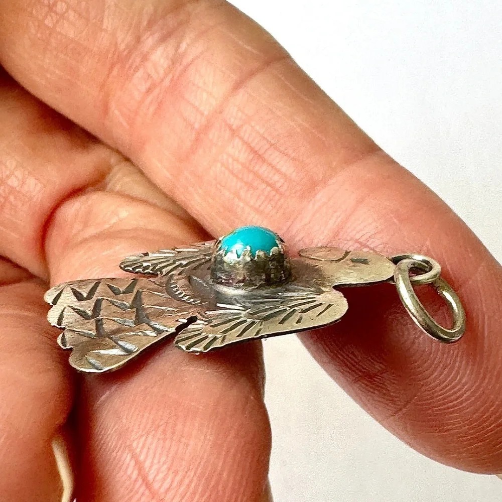 Navajo Thunderbird Pendant Turquoise 1.25in Signed Yazzie Stamped Matte Sterling